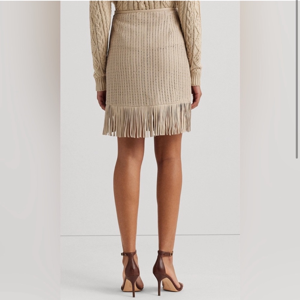 $595 NWT Ralph Lauren Fringe Trim Leather Woven Skirt Beige Leather size… - Picture 2 of 5